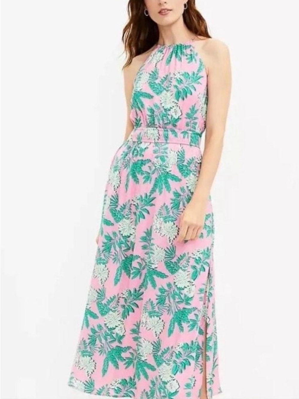 Loft Pink Tropical Print Halter Maxi Dress